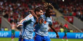 Nations League: Morata gol qualifica la Spagna. Delusione Portogallo Morata esulta (foto Facebook Seleccion Espanola)