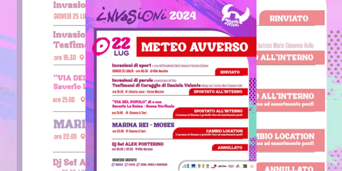 Cosenza, Invasioni cambio di location per allerta meteo Cosenza, Invasioni cambio di location per allerta meteo