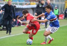 Sampdoria-Cosenza 1-0, notte fonda per i lupi anche a Marassi Ricciardi contrastato da Beruatto in Sampdoria-Cosenza (foto Francesco Grazioli)