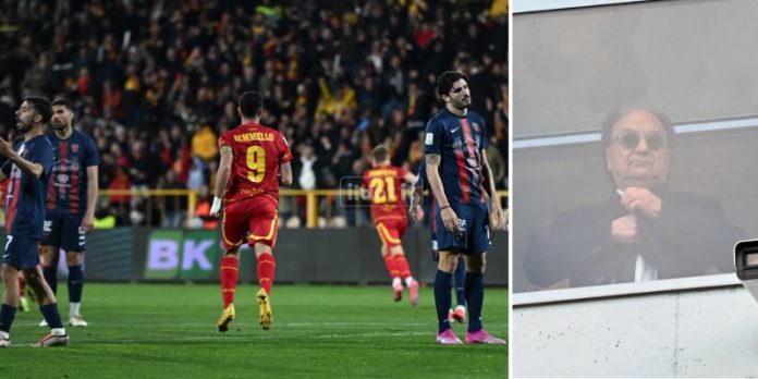 Iemmello manda al tappeto il Cosenza di fronte al presidente Guarascio (foto Andrea Rosito)