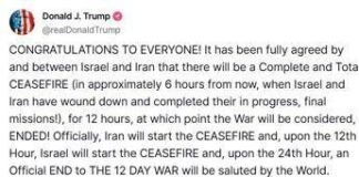 Iran, Israele e la ‘pace su Truth’: cessate il fuoco è un annuncio di Trump