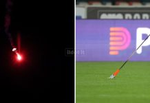 Disordini Cosenza-Cesena: emessi 7 DASPO a tifosi rossoblù I razzi lanciati in campo durante Cosenza-Cesena (foto Michele De Marco)