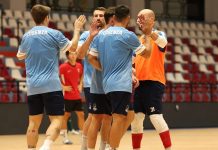 Futsal: il pre campionato della Pirossigeno Cosenza parte con 5 reti al Città di Acri I lupi della Pirossigeno Cosenza si danno il cinque dopo un gol (foto Michele De Marco)