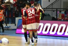 La gioi dei lupi dopo il gol del momentaneo 1-0 di capitan Marchio (foto Michele De Marco)