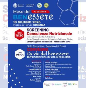 Cosenza, Mese del Benessere: giovedì 18 giugno focus su nutrizione e stili di vita in equilibrio